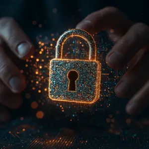 Main tenant un cadenas numérique brillant représentant la cybersécurité et la protection des données pour les entreprises.