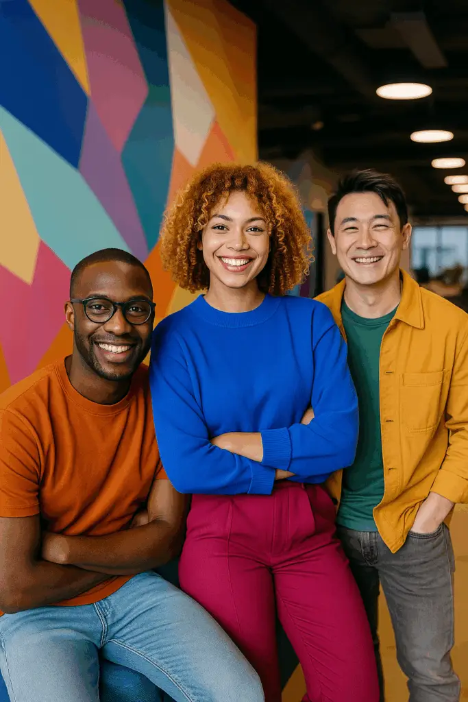 Trois collaborateurs Connect iT dans un bureau coloré : un homme noir, une femme chabine et un homme asiatique souriants en ambiance startup